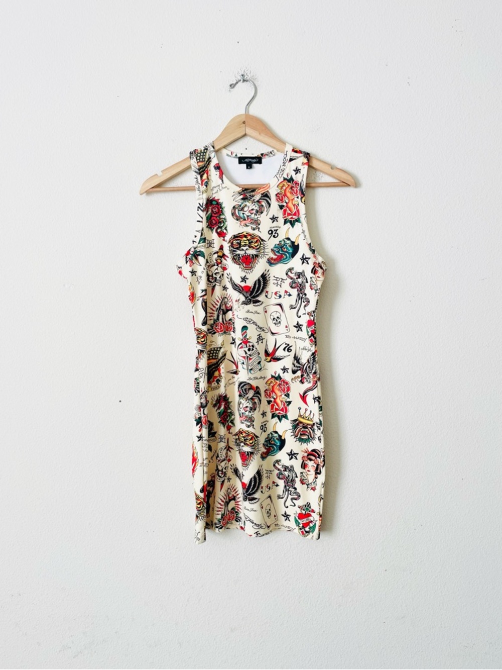 Ed Hardy SMALL Flashboard tattoo printed mini tank dress in yellow